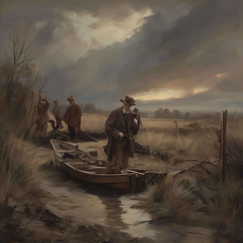 Γραμμένο σε οπίσθιο φόντο το ηλιοβασίλεμα και τον σκοτεινό ουρανό, μια ομάδα ανθρώπων ταξιδεύει με βάρκα μέσα από ένα κανάλι, φορώντας καπέλα και παλτό, σε μια αποκριά σκηνή με στοιχεία του φυσικού τοπίου και γεωργικών πεδίων.