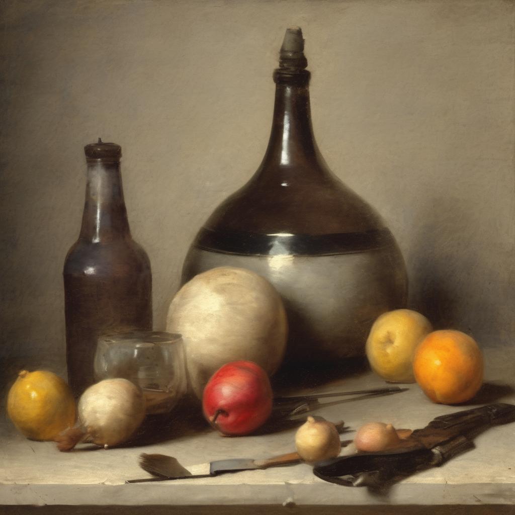 Λιθανά αντικείμενα και φρούτα σε ρεαλιστικό στυλ παλαιάς ζωγραφιάς, με έμφαση στη λεπτομέρεια, δημιουργώντας μια αισθητική υψηλής τέχνης και ιστορικής αξίας.