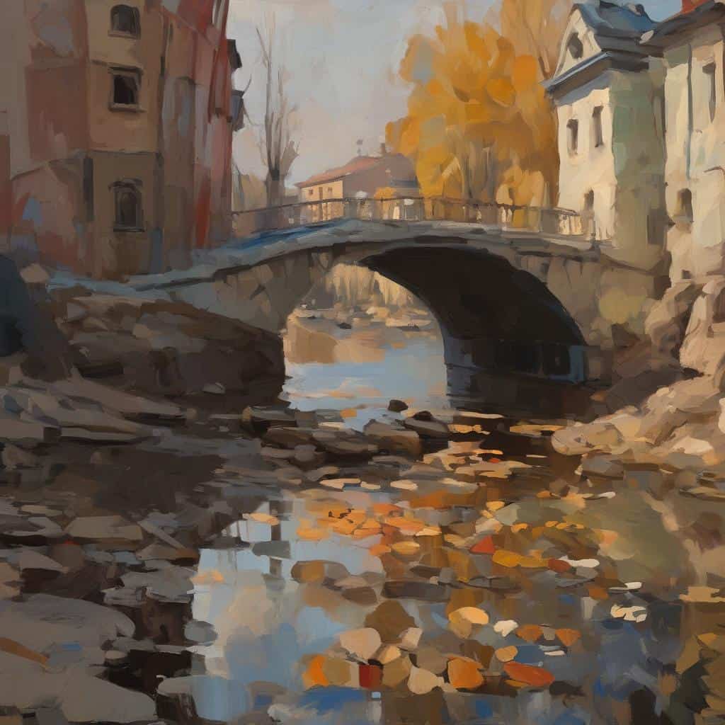 Γκρίζα και ζεστά χρώματα, παλαιά κτήρια και ένα γεφυράκι πάνω από ποτάμι σε μια ρεαλιστική ζωγραφιά που αποπνέει ατμόσφαιρα εποχής και τέχνης.