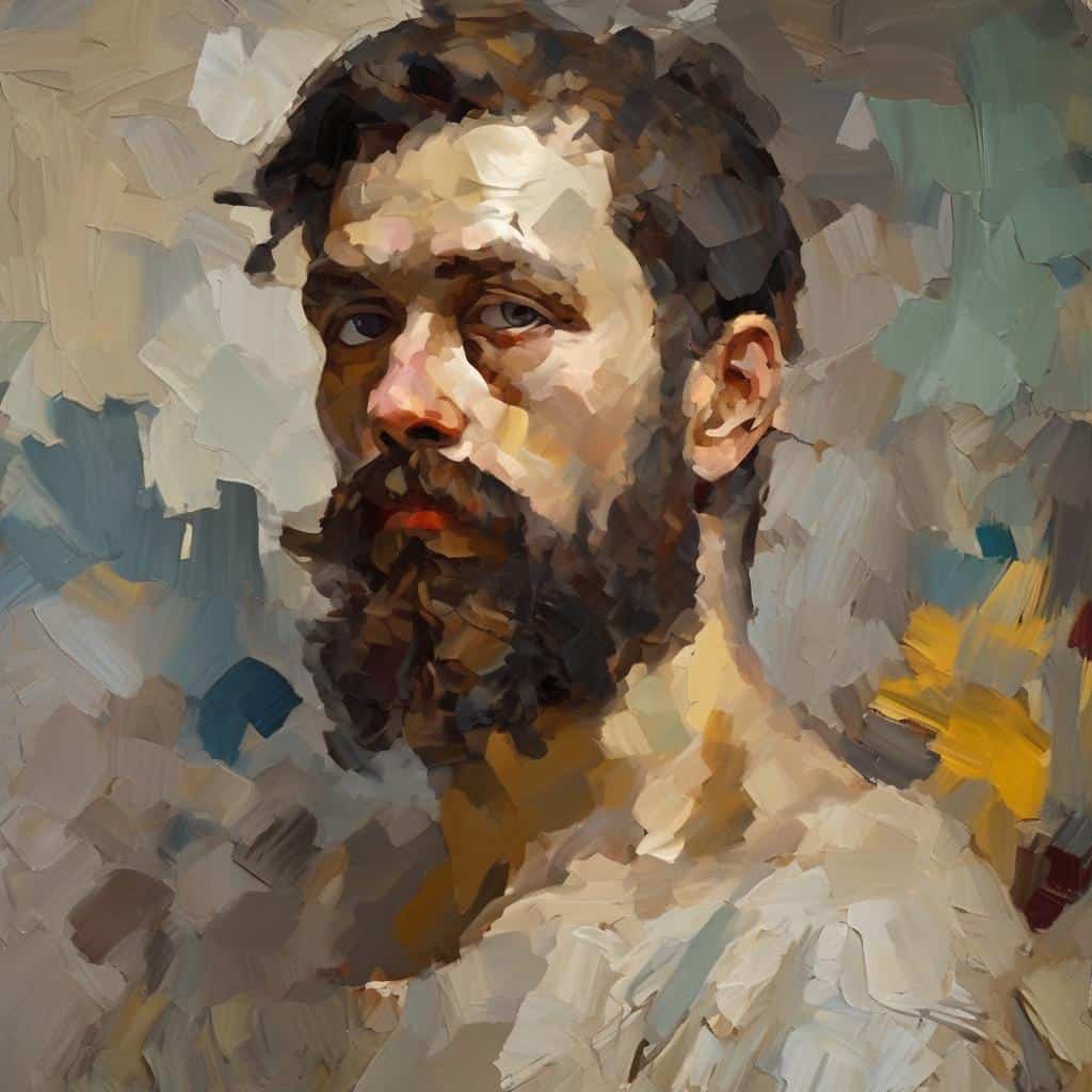 Κυρίως ψηφιακή ζωγραφική πορτρέτου διασημότητας με έντονη καλλιτεχνική υφή και πλούσια χρώματα, εμπνευσμένη από την ιστορία των διάσημων καλλιτεχνών και έργων τέχνης.