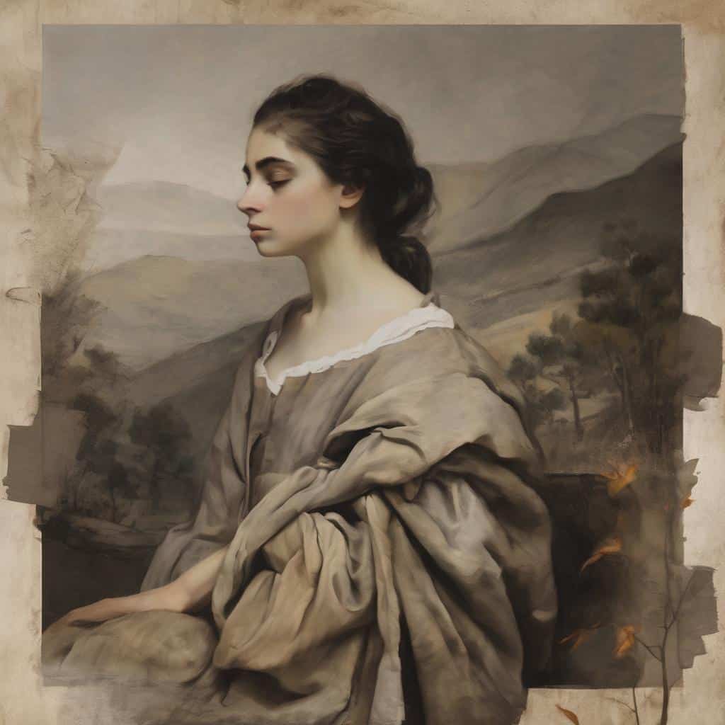 Ομορφη νεαρή γυναίκα με σκούρα μαλλιά και γαλάζια μάτια, σταυροπόδι, σε ρομαντικό τοπίο με βουνά και δέντρα, σε ζωγραφική απομίμηση ρεαλιστικής τέχνης.