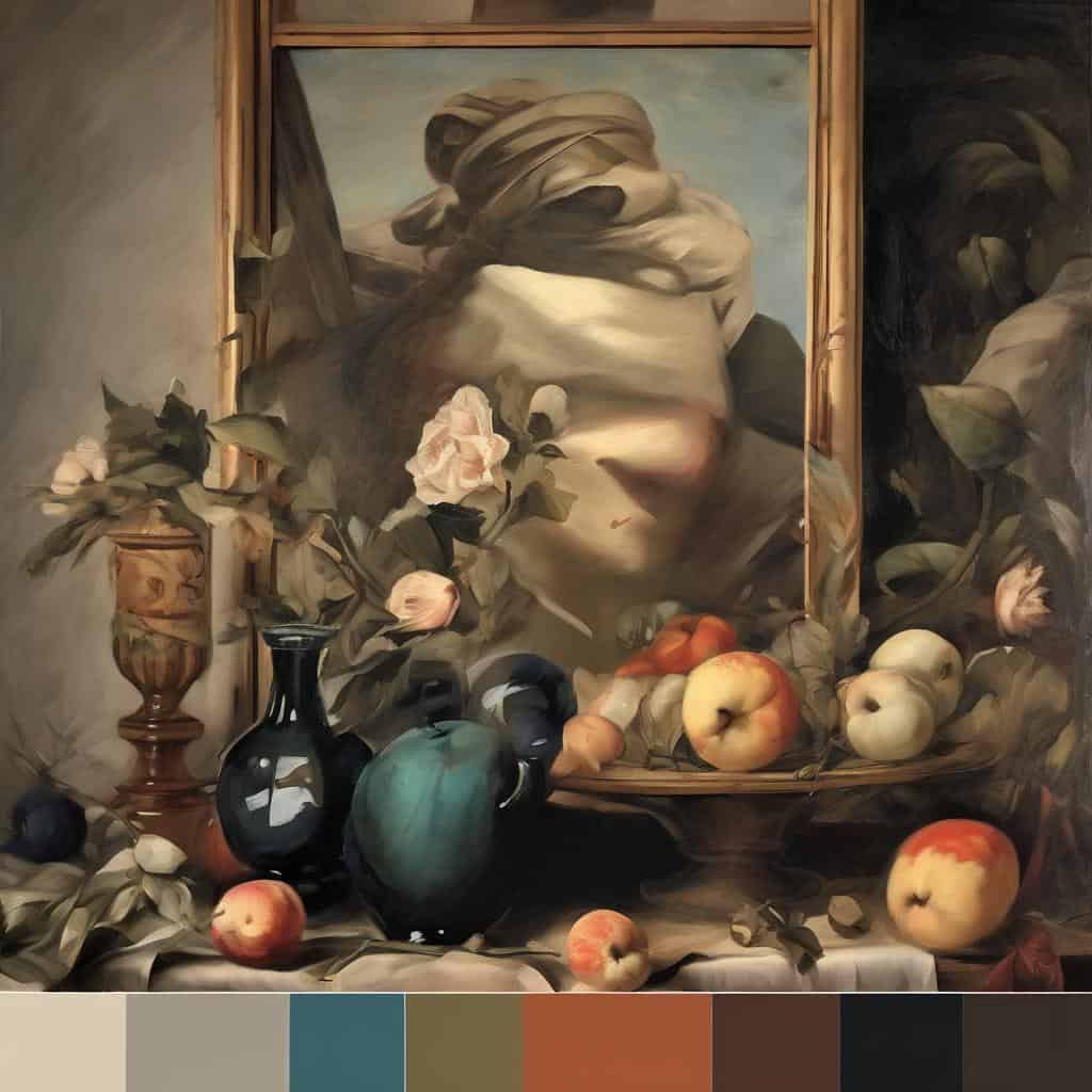 Λυπημένη γυναίκα σε πορτρέτο με λουλούδια και φρούτα, σε ρεαλιστικό στυλ, με στοιχεία πλούσιας υφής και φωτισμού.